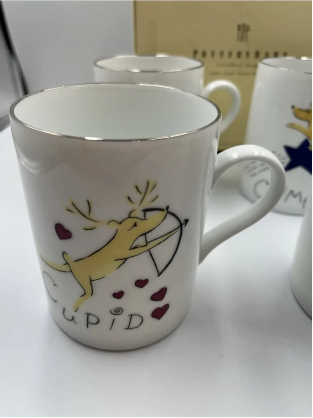 NIB Pottery Barn Reindeer Mugs, Comet, Cupid, Donner, & Blitzen Set of 4 JAPAN